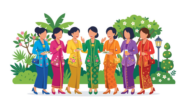 A group of seven Indonesian women wearing traditional kebaya outfits standing together.