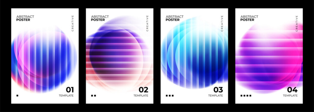 Abstract Posters. Ripple glass effect. Smooth fluted lines and color gradient circle shapes. Blurred spheres for creative graphic design. Vector illustration.
