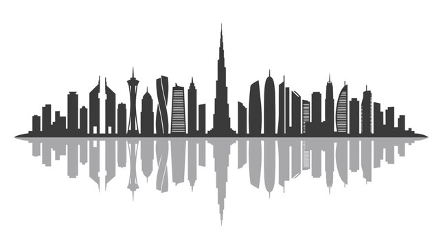 Detailed black silhouette of the Dubai city skyline with water reflection.