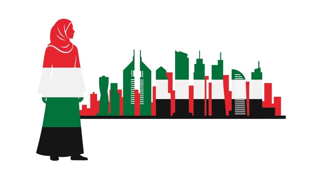 A stylized illustration of a woman wearing a hijab featuring the UAE flag colors.