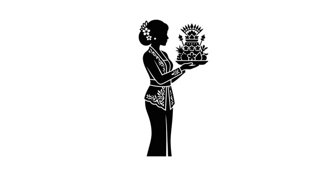 A black silhouette of a Balinese woman carrying a traditional offering tray.