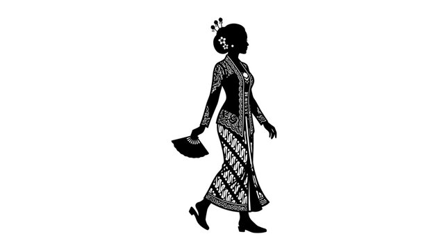 Silhouette of a Javanese woman wearing traditional kebaya and batik sarong holding a fan.
