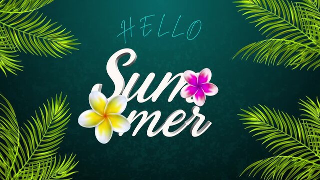 Hello Summer Vibes: A vibrant graphic declaring Hello Summer adorned with tropical frangipani flowers and lush palm leaves, evoking the spirit of warm weather and vacation.