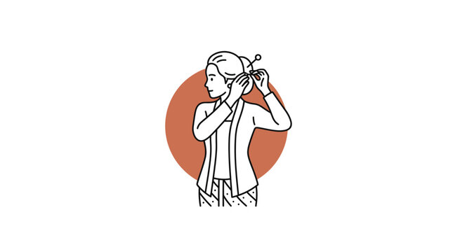 A line art illustration of a Javanese woman wearing a traditional kebaya and fixing her hair bun.