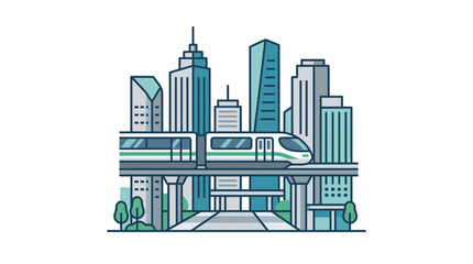 Naklejka premium Modern elevated train moving through a stylized urban cityscape.