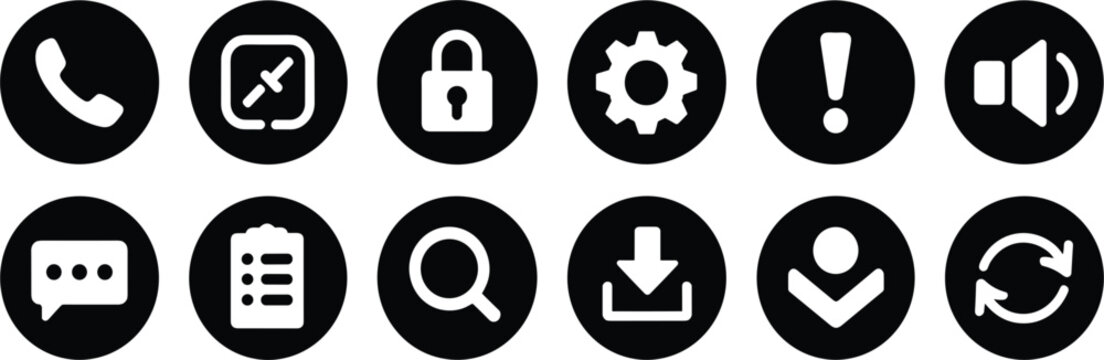 Universal Web Interface and Mobile App Settings Circle Icon Set with Communication Security and Navigation Symbols for Digital Graphic Designs