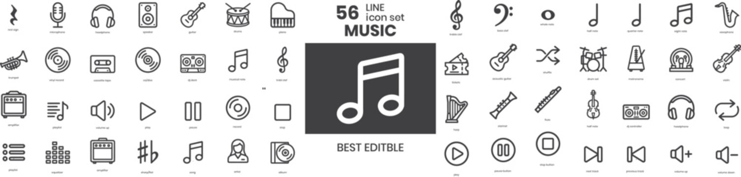 Music & instrument line editable icon set. Editable stroke. Vector illustration, Music line icon set with 56 editable elements