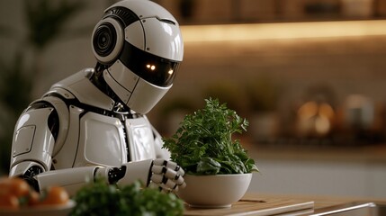 Fototapeta premium Ultra Realistic Humanoid Robot Preparing Healthy Food in Modern Kitchen