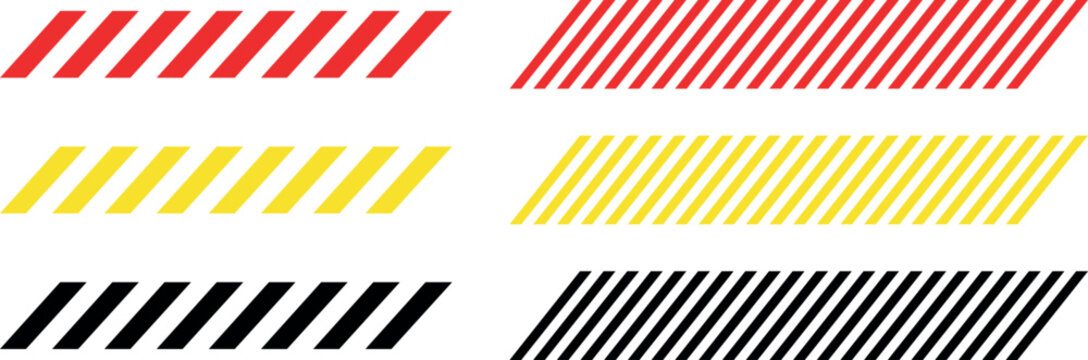 Diagonal striped patterns set vector red yellow and black colors isolated on transparent background