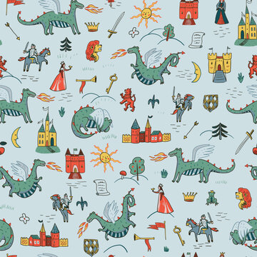 Seamless Medieval Fantasy Pattern with Dragons, Knights, Castles and Princesses