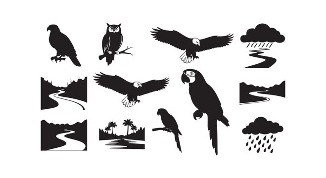 Birds of prey and nature landscape silhouettes including eagles owls parrots and winding river valley scenery elements.