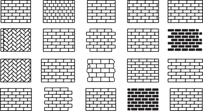 Collection of various brick wall patterns and masonry textures depicted as simple linear vector icons