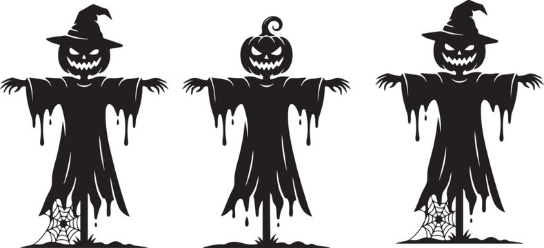 Group of three creepy scarecrow figures with carved pumpkin heads and torn clothing standing in dark fields