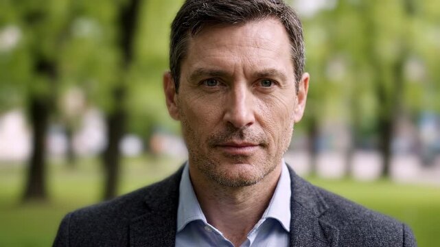 Closeup Portrait of a self confident mature man with dark hair and stubble in a green summer park, wearing a grey blazer and blue shirt. Business lifestyle, success and male elegance concept.