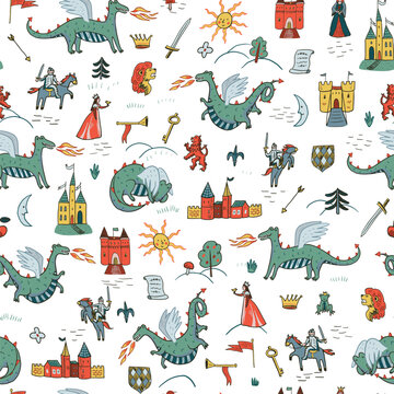 Seamless Medieval Fantasy Pattern with Dragons, Knights, Castles and Princesses