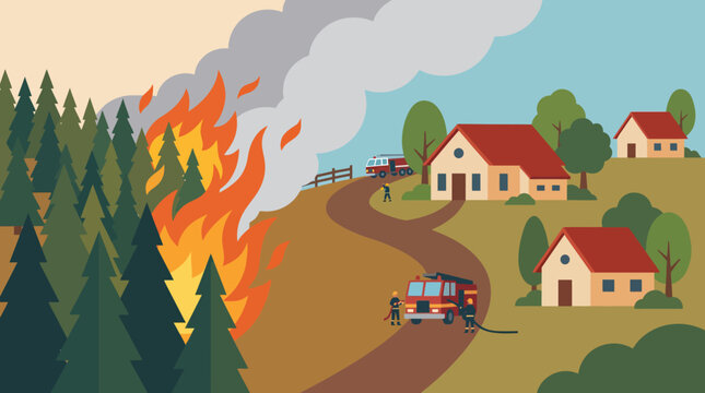 Wildfire approaching houses with firefighters responding
