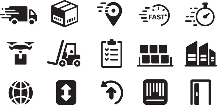 Supply, chain and delivery icon collection with solid black symbols representing cargo transport, parcel tracking, inventory management, and logistics operations suitable for ecommerce, shipping, 