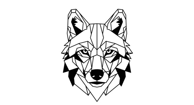 Geometric wolf head illustration in a modern polygonal style, black and white vector art, wild animal design element