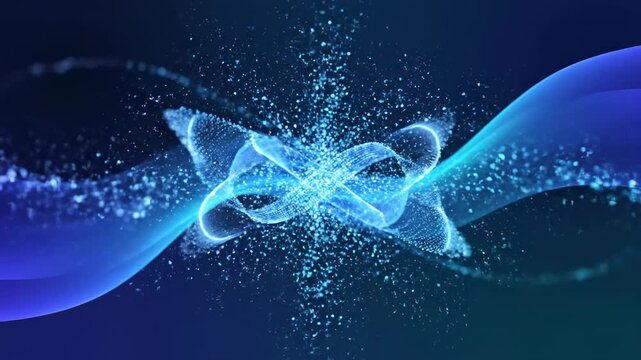 Visualize the dynamic convergence of pulsating blues and teals in a mesmerizing cosmic dance of subatomic particles and swirling energy waves, creating an abstract representation of scientific