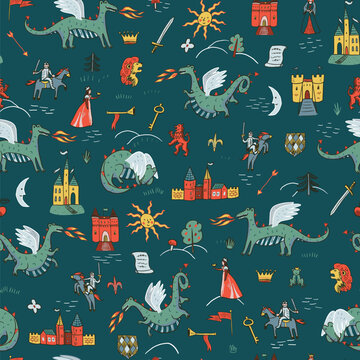 Cute Fairy Tale Seamless Pattern with Dragons, Castles, Knights and Royal Symbols