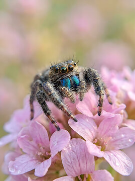 A close up macro shot of a small jumping spider sitting on pink flowers.
