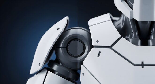 A detailed close-up view of a sleek robotic shoulder and torso design.