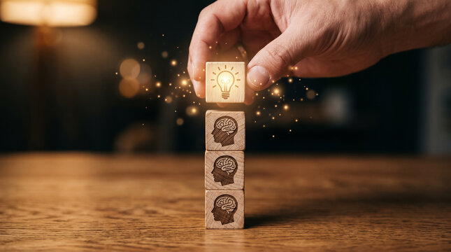 Strategic thought blossoming into innovation A hand carefully places an illuminated light bulb block on a stack of brain blocks, representing the development of bright ideas