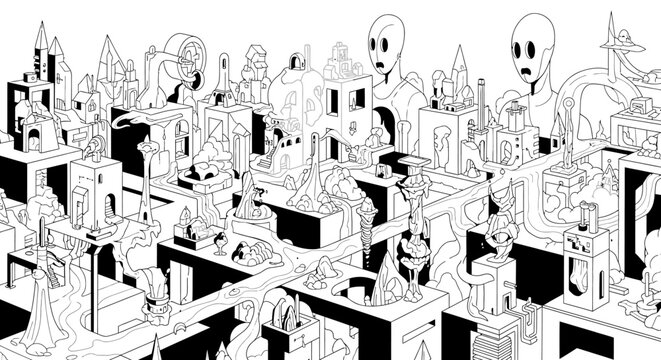 Intricate black and white surreal fantasy cityscape with bizarre architecture and strange observers. Abstract alien world illustration.