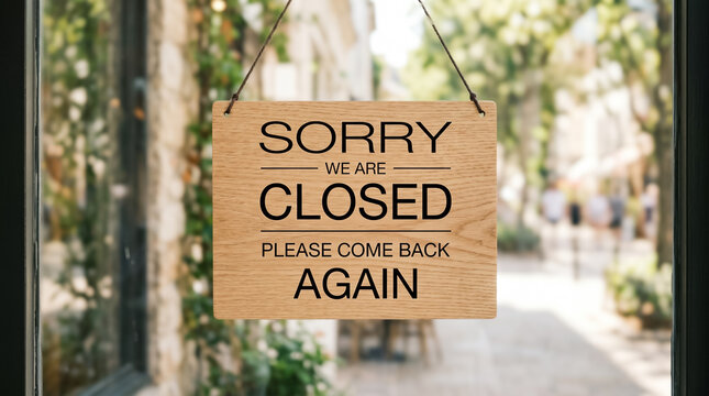 A rustic wooden sign reading 'SORRY WE ARE CLOSED PLEASE COME BACK AGAIN' hangs prominently on a glass door, signaling a temporary business closure during challenging times