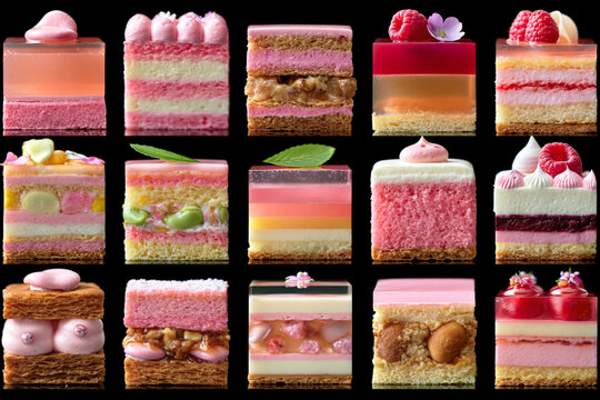 Collection of luxury pink petit four pastry cake slices with raspberries and mousse isolated on black background.