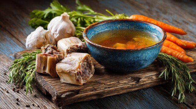 Benefits of bone broth. Rustic broth in a bowl with fresh carrots, garlic, herbs, and bouillon cubes on a wooden cutting board.