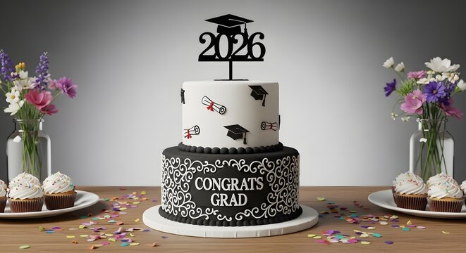Twotier graduation cake with 2026 topper and cupcakes on a wooden table