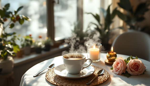 Restaurant table reserved with rose and candle centerpiece