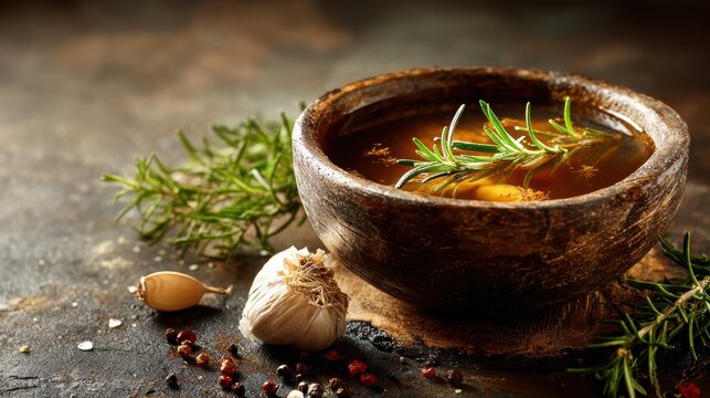 Benefits of bone broth. Rustic bowl of herbal soup garnished with rosemary, garlic, and spices on a textured surface.