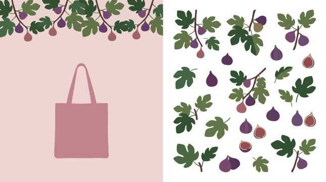 Seamless fig fruit and leaf pattern with reusable tote bag illustration on pastel background