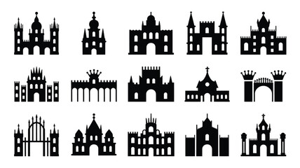 Ancient fortress and royal palace icons collection with traditional tower gate silhouettes. © PRITOM
