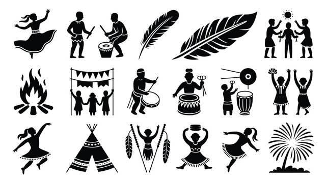 Indigenous dance and community celebration silhouettes with traditional tribal performers.