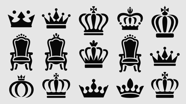 Regal crowns thrones scepter shield medal and heraldic symbols vector set.