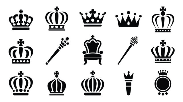Set of royal crown silhouettes, scepters, and throne isolated on white background.