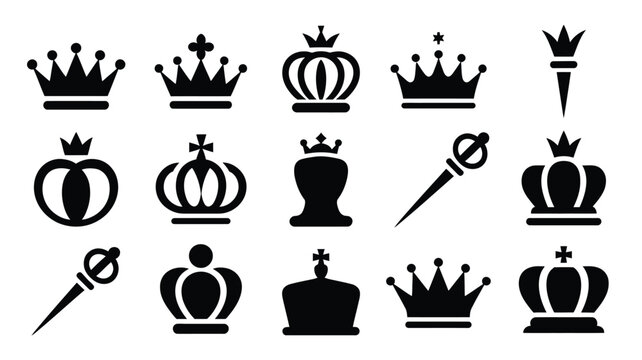 Set of royal crown silhouettes and scepters isolated on white background.