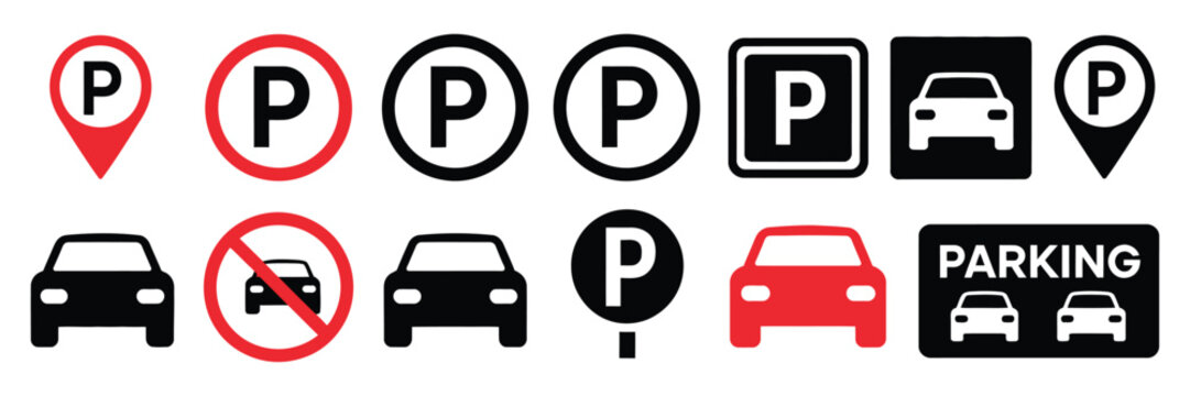 Parking icons and symbols for maps parking and no parking signs, modern signage collection for city navigation, parking availability indicators, restricted parking areas, road safety rules, 