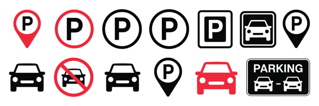 Parking icons and symbols for maps parking and no parking signs, clear vector set representing vehicle parking zones, traffic regulation, urban navigation, public transport infrastructure, 