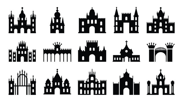 Ancient fortress and royal palace icons collection with traditional tower gate silhouettes.