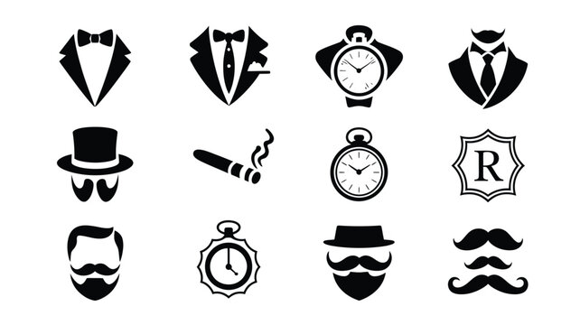 Gentleman vintage style icons set with tuxedo bow tie pocket watch and mustache silhouettes.