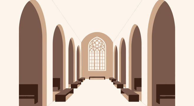 Gothic Hallway with Arches, Rows of Benches, and Rose Window