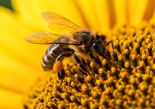 A close up macro shot of a honey bee collecting pollen from a bright yellow sunflower.