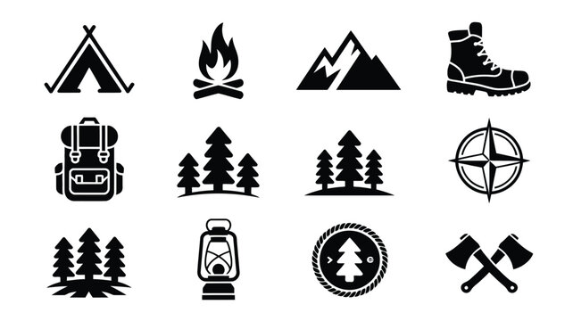 Set of black camping and adventure icons showcasing woodland forest elements and wild gear.
