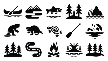 Obraz premium Vector illustrations of wilderness landscapes and native wildlife for outdoor adventure set.