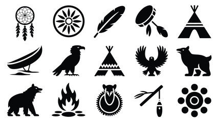 Indigenous american cultural icons collection set with traditional symbols and silhouettes. © PRITOM