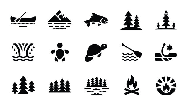Icon set featuring forest landscapes water elements and native animals for nature designs.